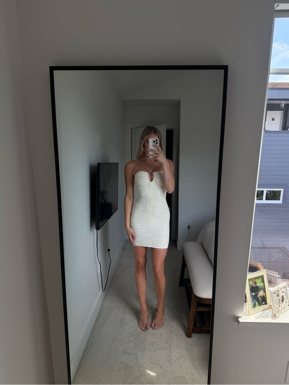 Strappy White Ruched Mini Dress - Picture 5 of 5